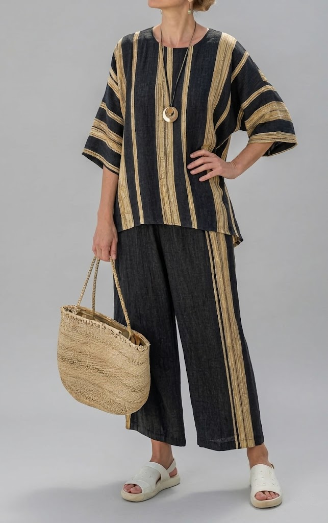 Womens Striped Linen Top and Wide Leg Trousers Matching Set
