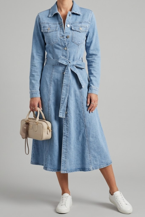Denim Long Sleeve Button Up Belted Midi Dress