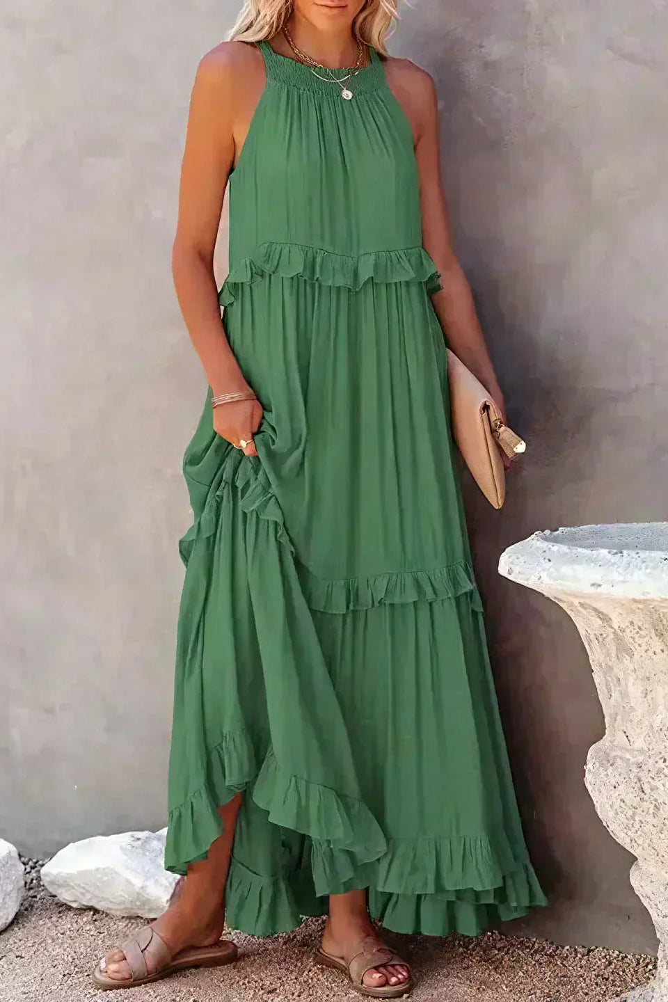 Elegant Sleeveless Ruffle Maxi Dress with Flattering Drape