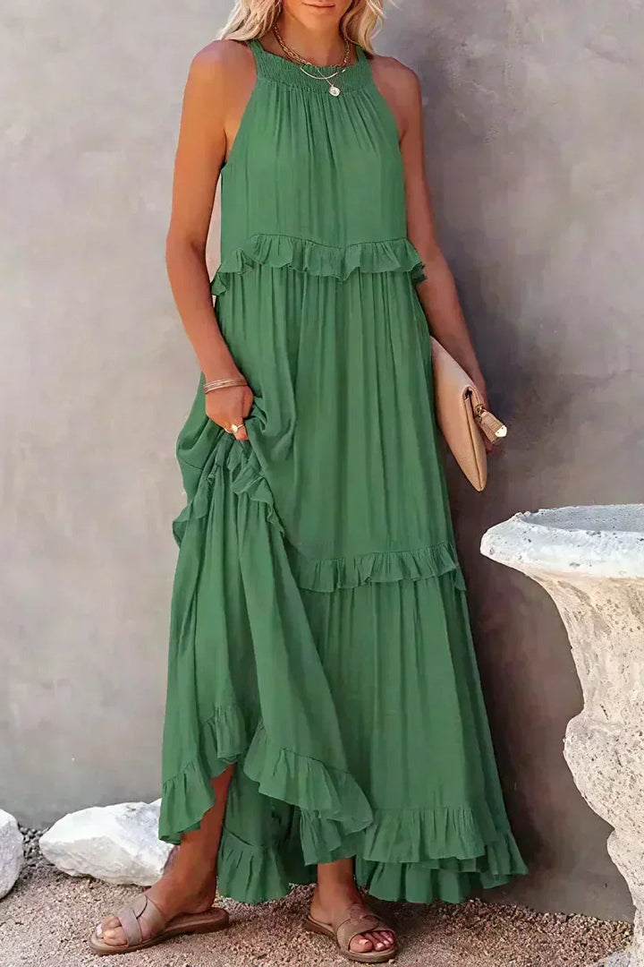 Elegant Sleeveless Ruffle Maxi Dress with Flattering Drape