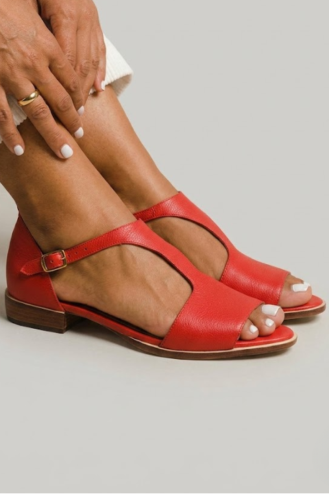 Womens Open Side Flat Sandals Slip On Red
