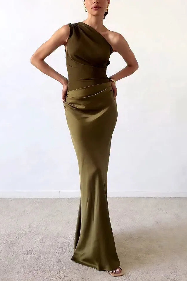 Elegant One Shoulder Pleated Maxi Dress for Evening