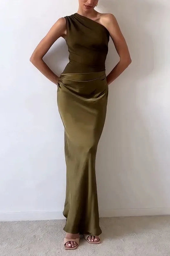 Elegant One Shoulder Pleated Maxi Dress for Evening