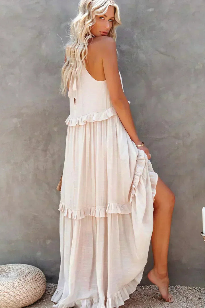 Elegant Sleeveless Ruffle Maxi Dress with Flattering Drape