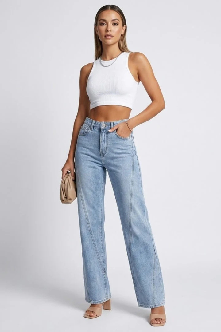 Womens High Waist Wide Leg Denim Jeans with Seam Detail