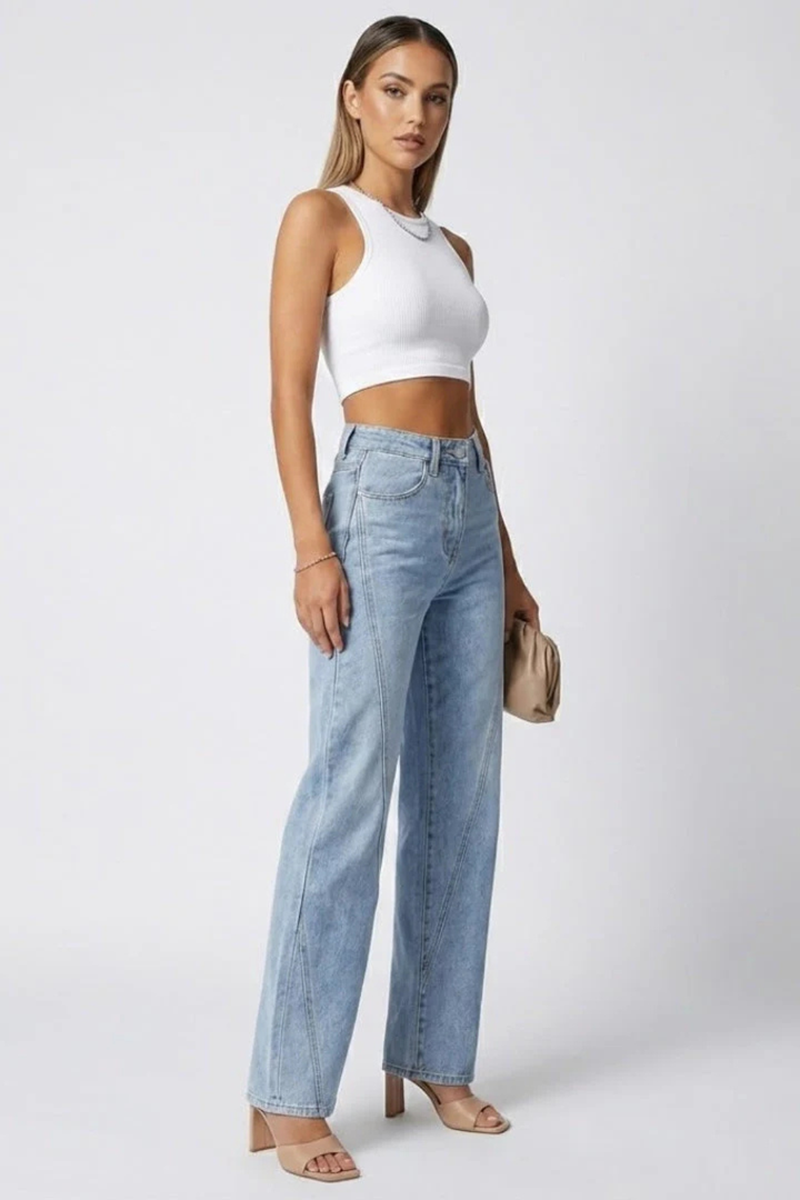 Womens High Waist Wide Leg Denim Jeans with Seam Detail