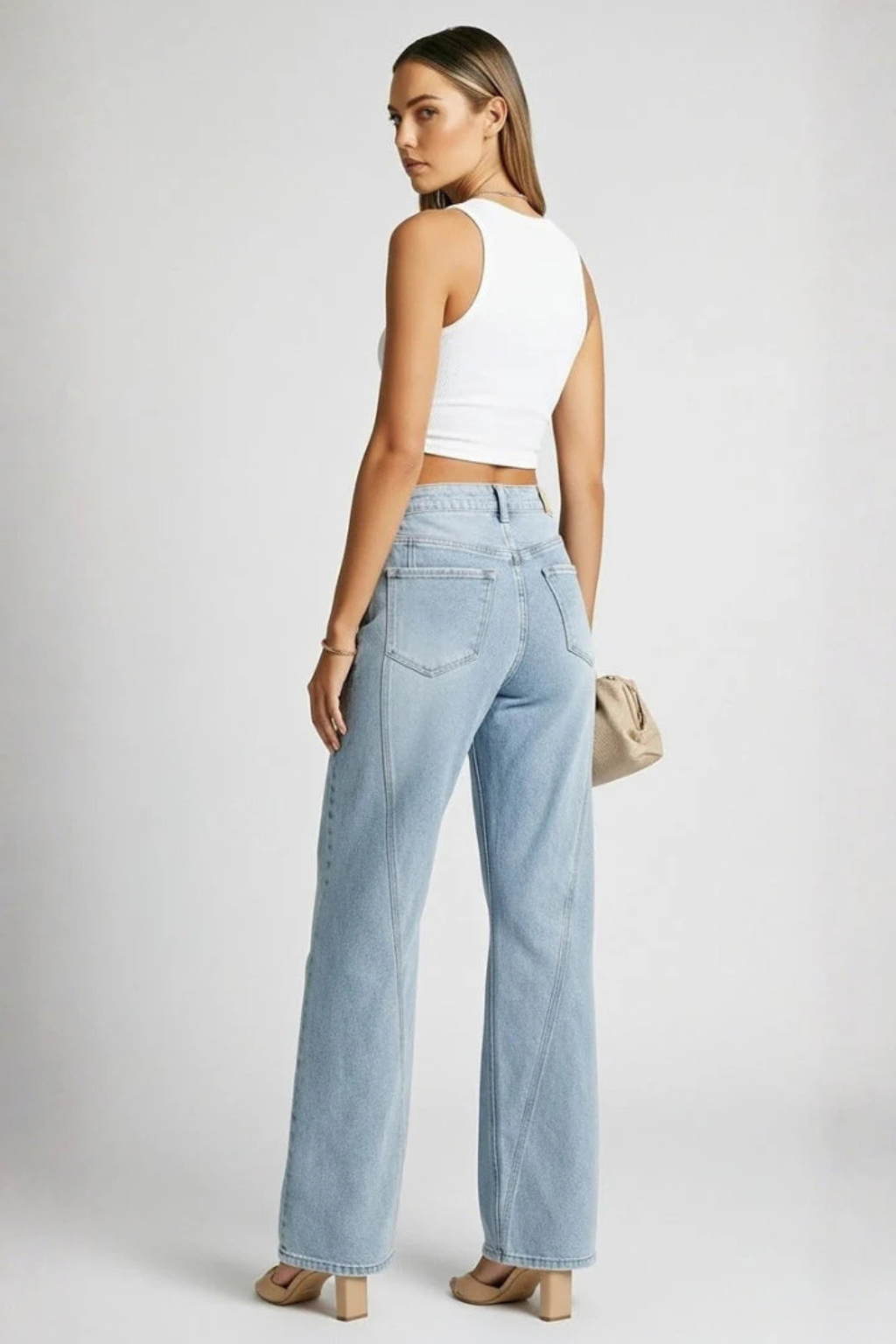 Womens High Waist Wide Leg Denim Jeans with Seam Detail
