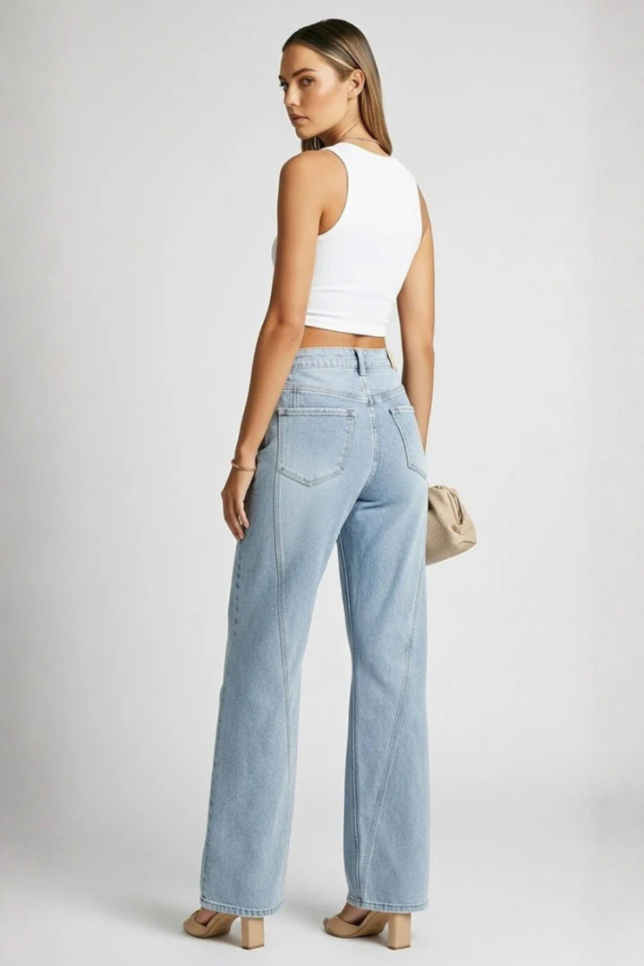 Womens High Waist Wide Leg Denim Jeans with Seam Detail