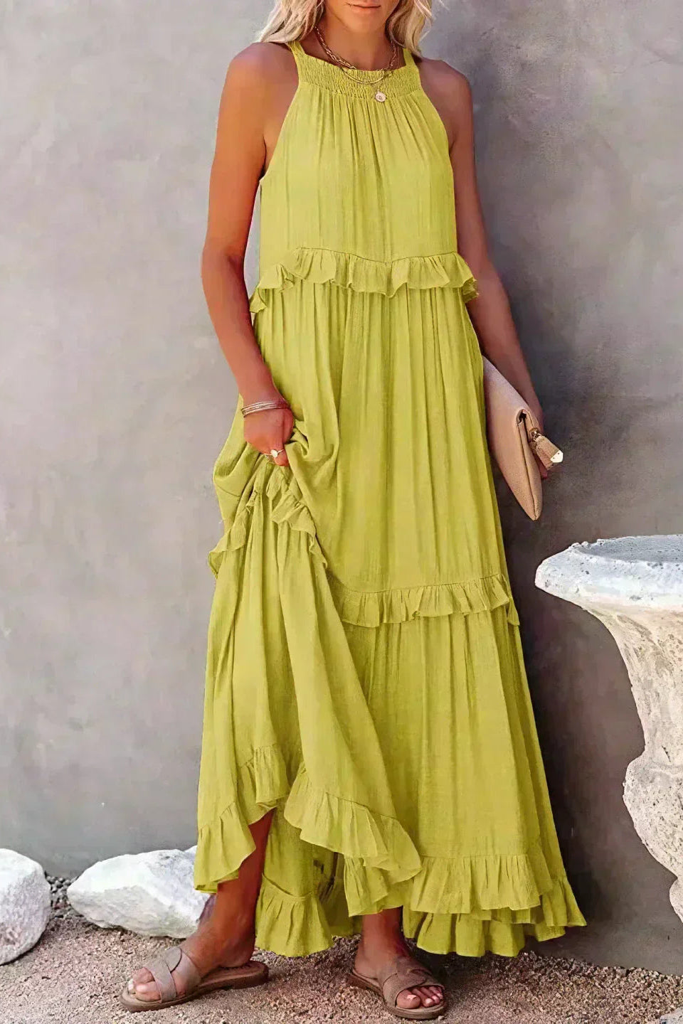 Elegant Sleeveless Ruffle Maxi Dress with Flattering Drape