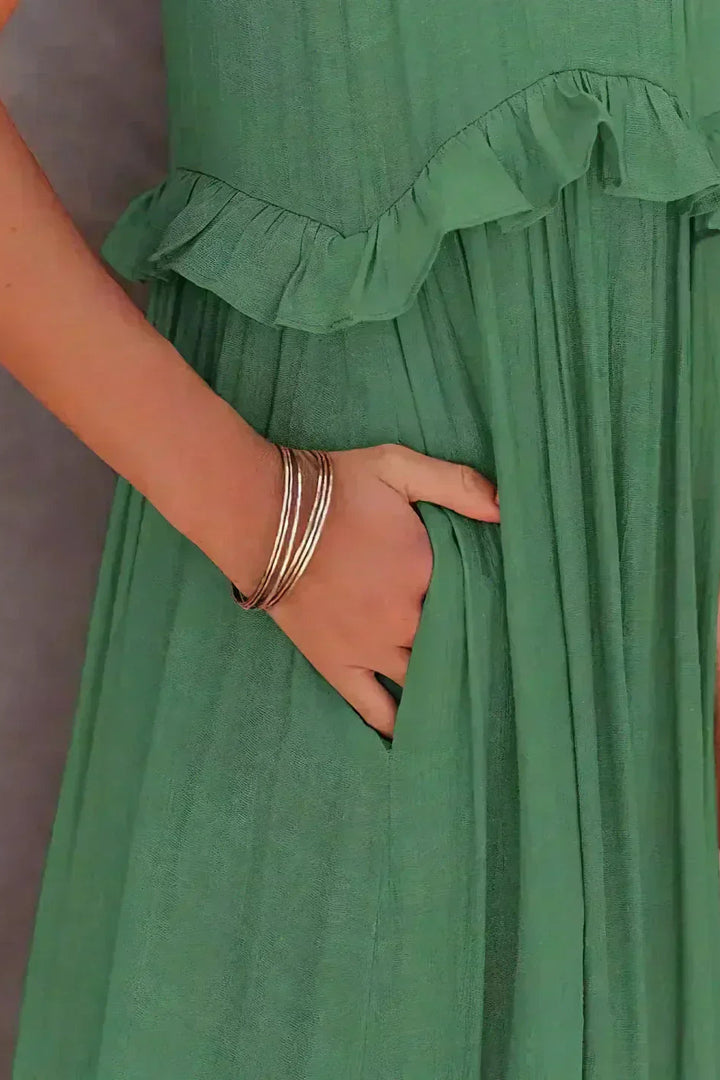 Elegant Sleeveless Ruffle Maxi Dress with Flattering Drape