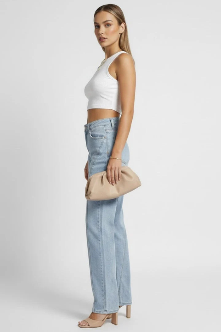 Womens High Waist Wide Leg Denim Jeans with Seam Detail