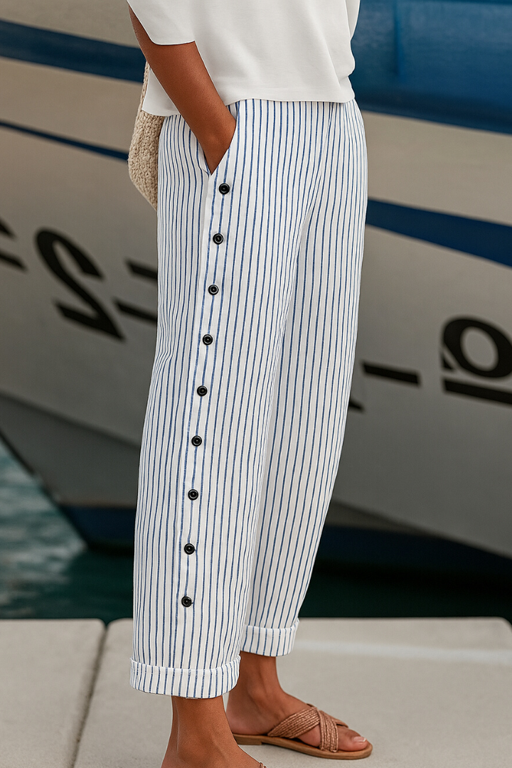 Womens Striped Wide Leg Trousers Button Detail Relaxed Fit