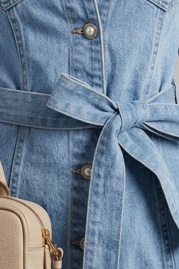 Denim Long Sleeve Button Up Belted Midi Dress