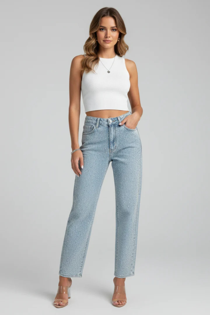 Womens Rhinestone Embellished Straight Leg Jeans