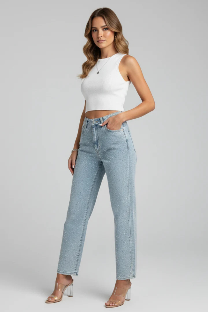 Womens Rhinestone Embellished Straight Leg Jeans