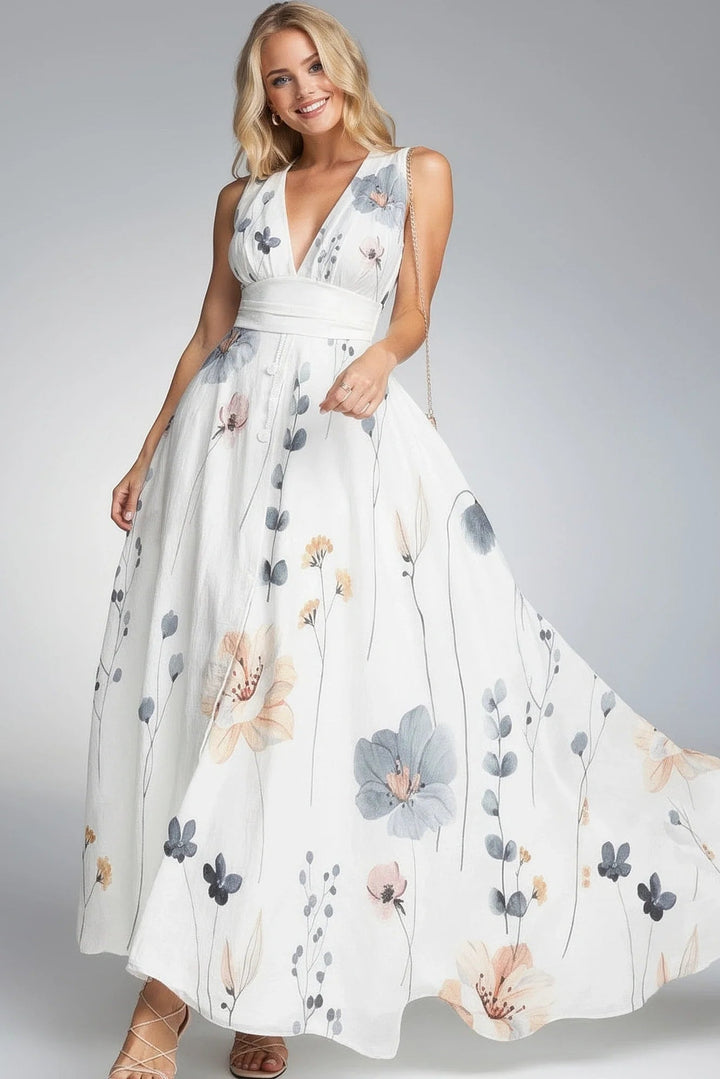Floral V Neck Maxi Dress Sleeveless Flowing Fit