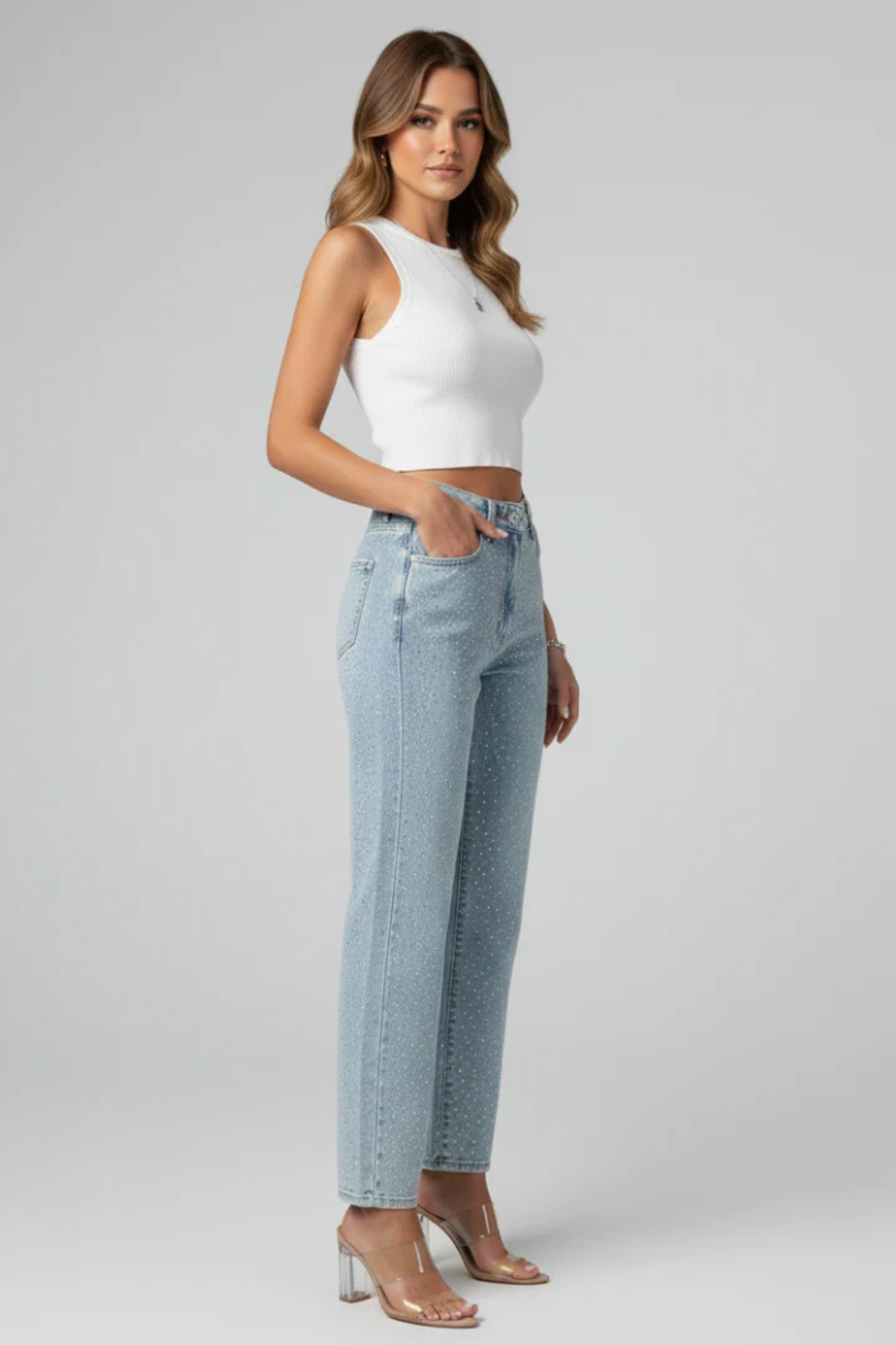 Womens Rhinestone Embellished Straight Leg Jeans