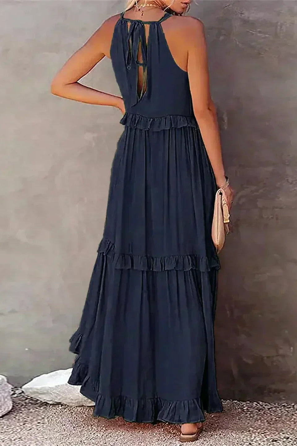 Elegant Sleeveless Ruffle Maxi Dress with Flattering Drape