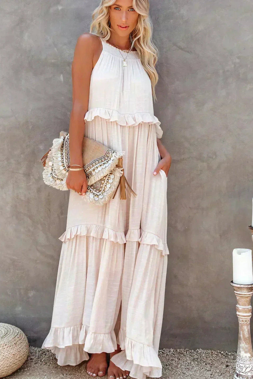 Elegant Sleeveless Ruffle Maxi Dress with Flattering Drape