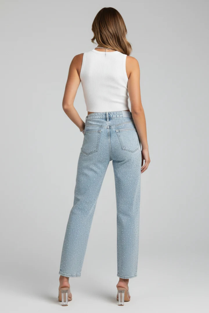 Womens Rhinestone Embellished Straight Leg Jeans