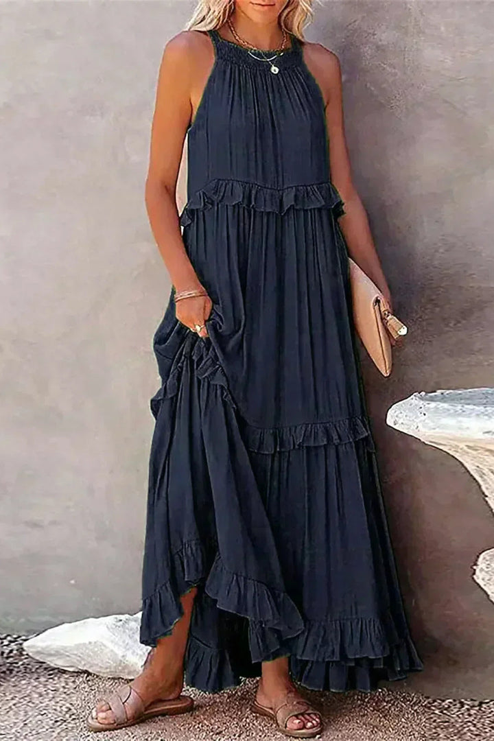 Elegant Sleeveless Ruffle Maxi Dress with Flattering Drape