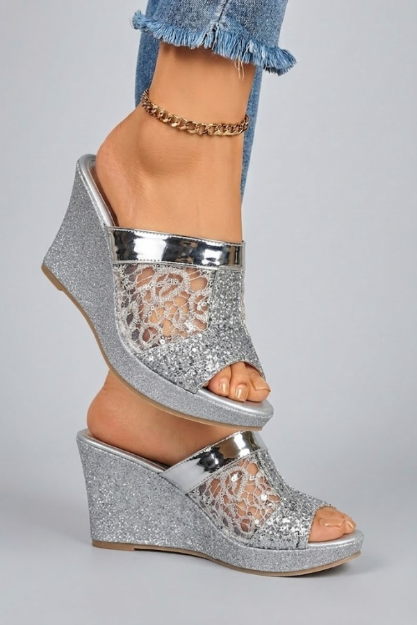 Womens Lace Detail Heeled Sandals Cushioned Evening