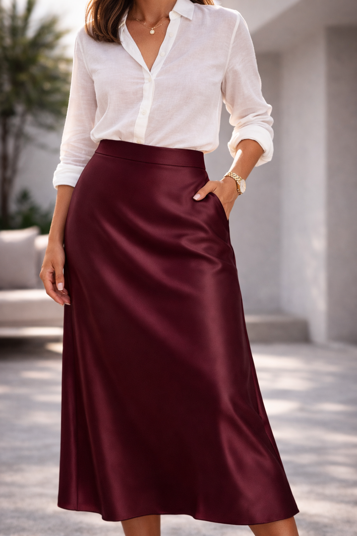 Womens High Waist Satin Midi Skirt