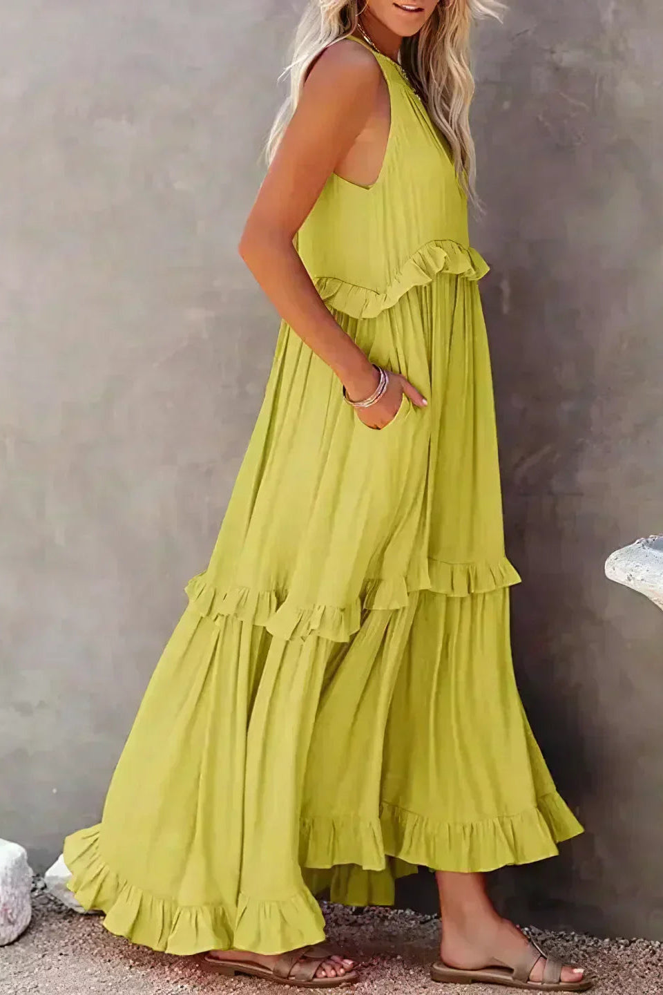 Elegant Sleeveless Ruffle Maxi Dress with Flattering Drape
