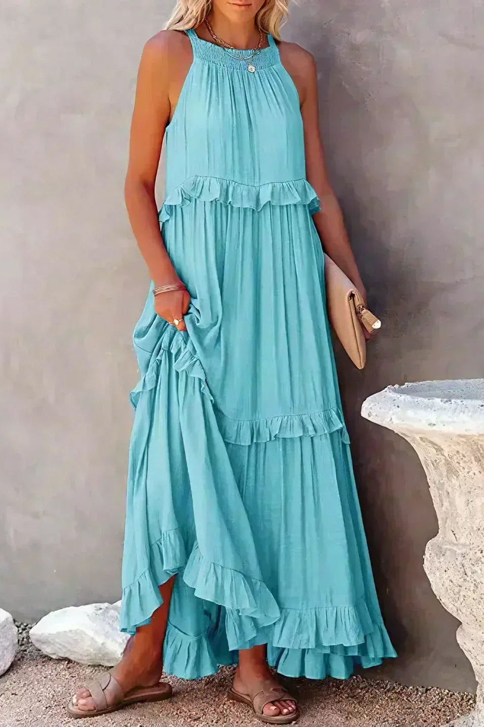 Elegant Sleeveless Ruffle Maxi Dress with Flattering Drape