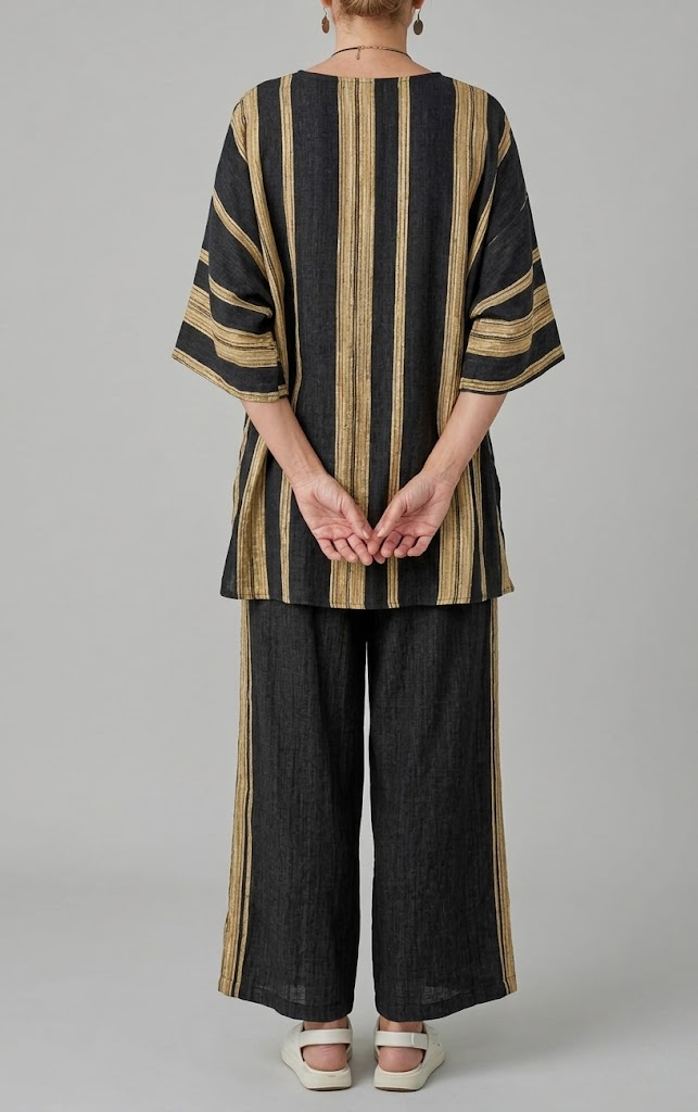 Womens Striped Linen Top and Wide Leg Trousers Matching Set