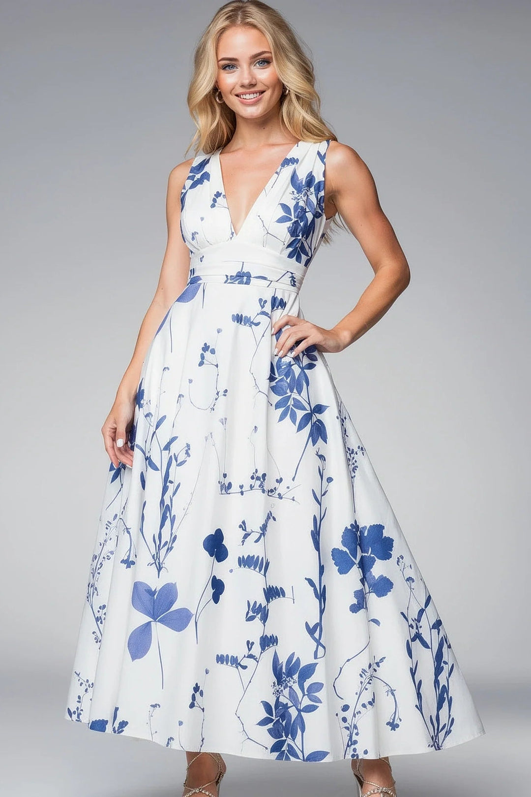 Floral V Neck Maxi Dress Sleeveless Flowing Fit