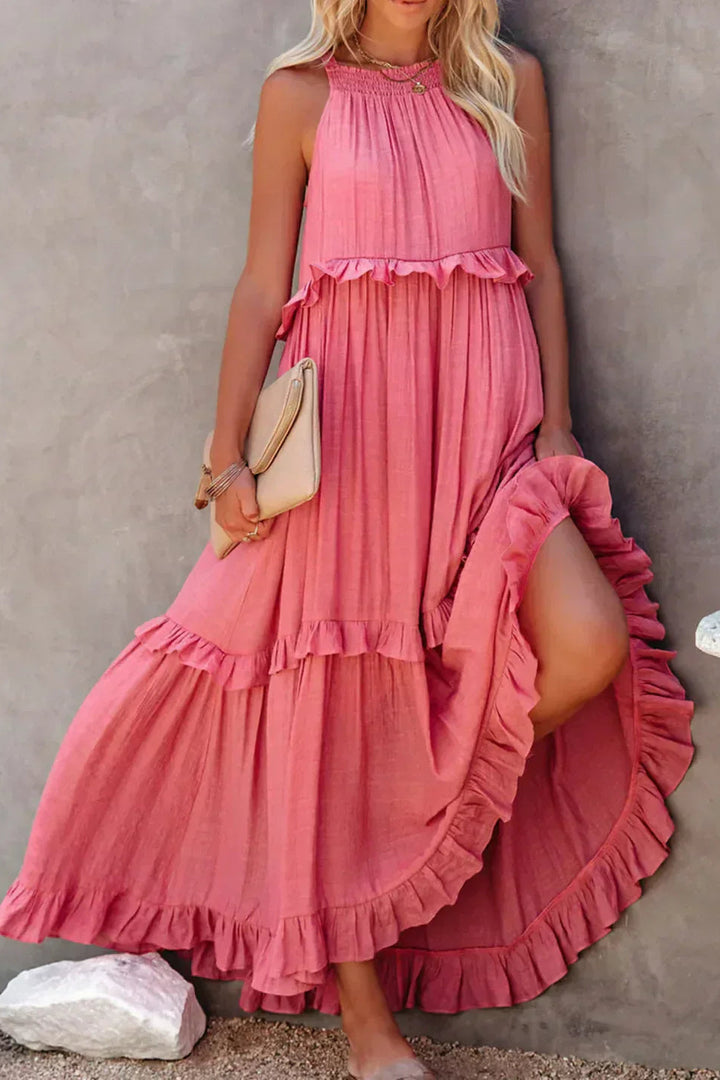 Elegant Sleeveless Ruffle Maxi Dress with Flattering Drape