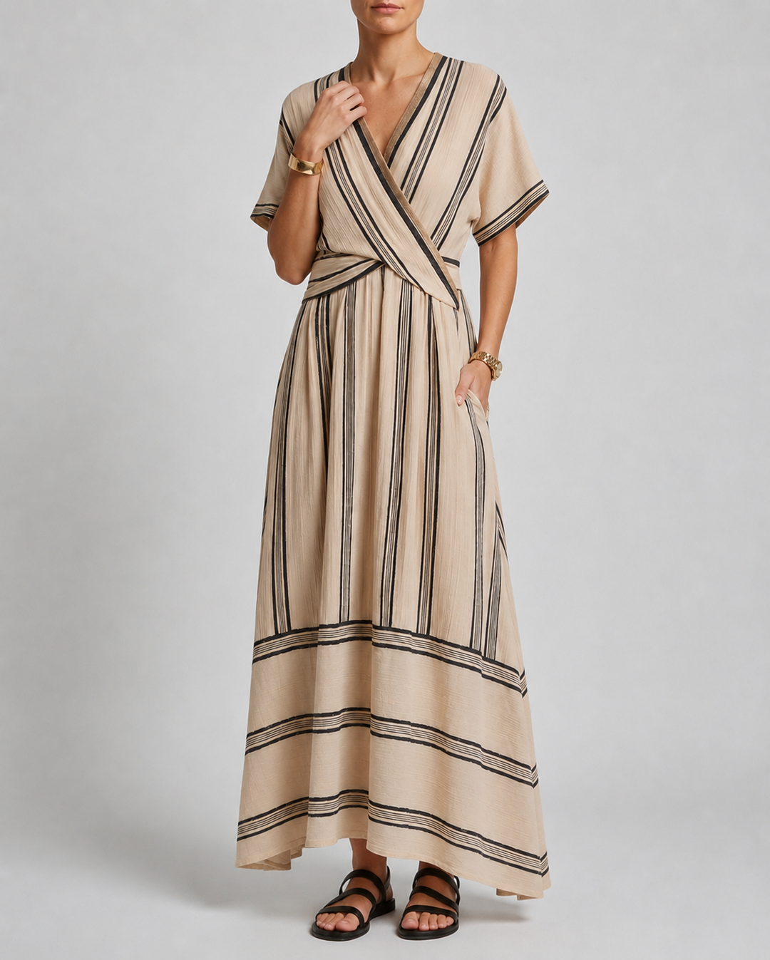 Tie Front Midi Dress with V Neckline and Relaxed Fit