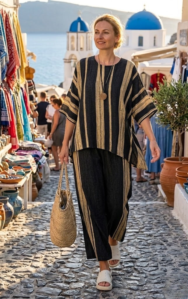 Womens Striped Linen Top and Wide Leg Trousers Matching Set