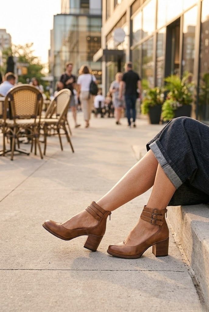 Womens Strappy Ankle Strap Block Heel Boots