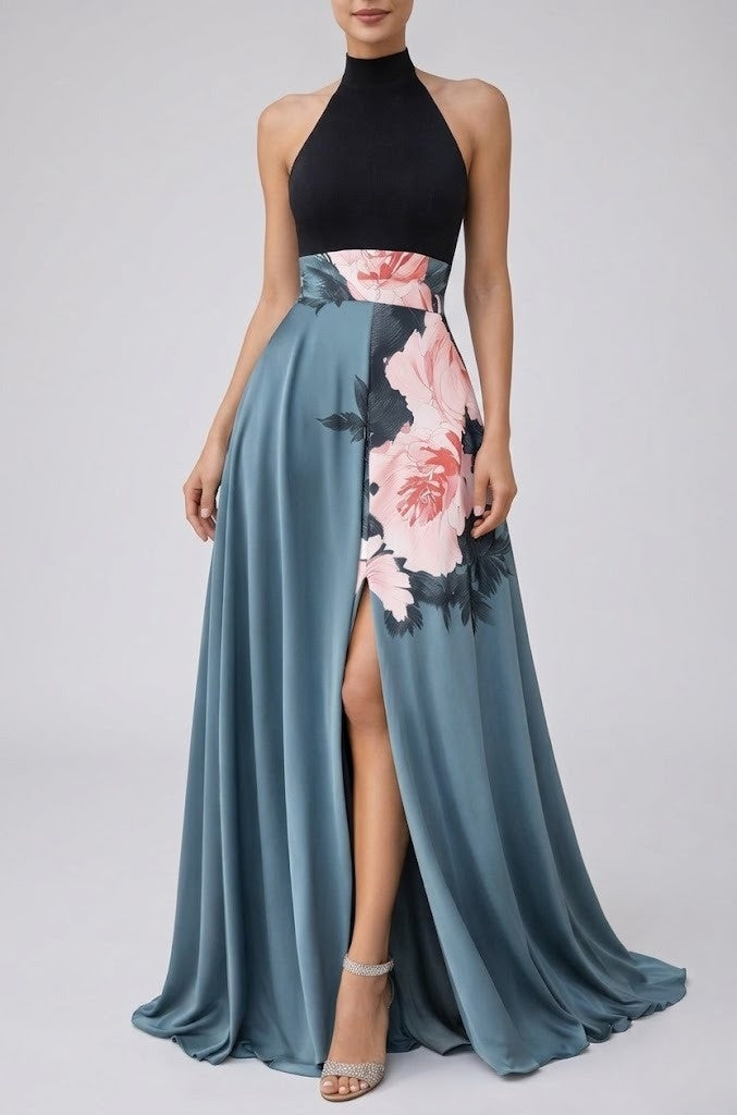 Floral Sleeveless A Line Maxi Dress with Side Slit