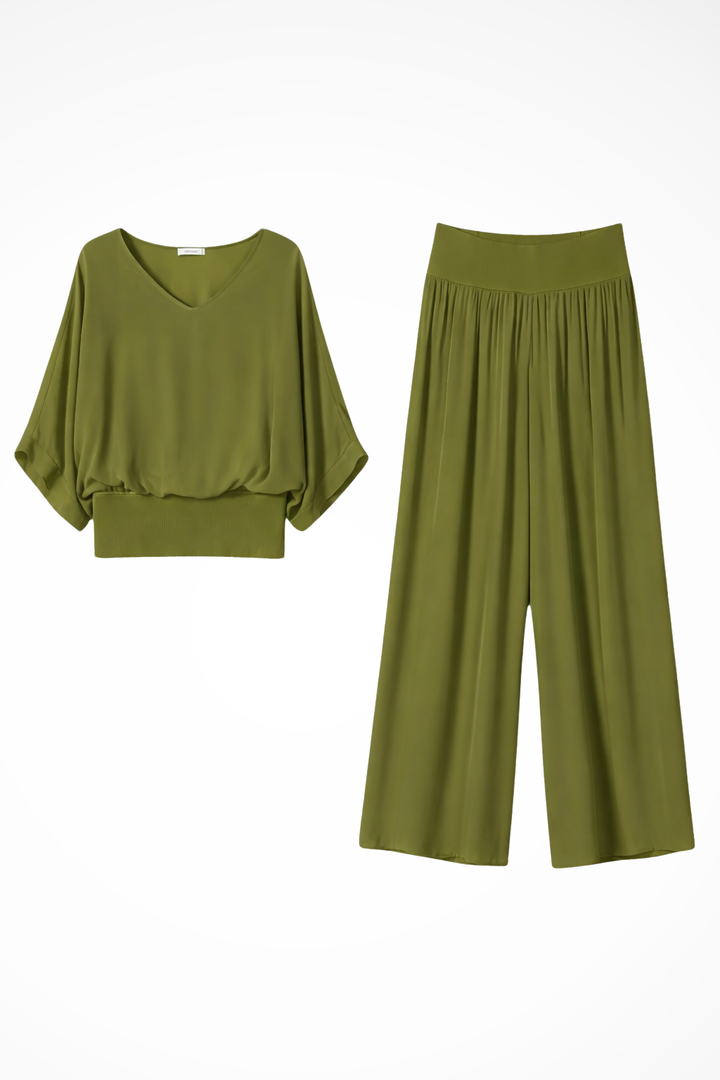 Womens Elegant Layered V Neck Top and Wide Leg Trousers Set