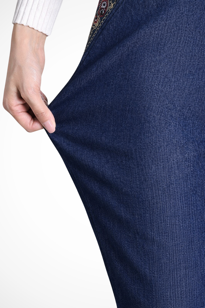 Womens Elastic Waist Straight Leg Denim Trousers Embroidered Detail