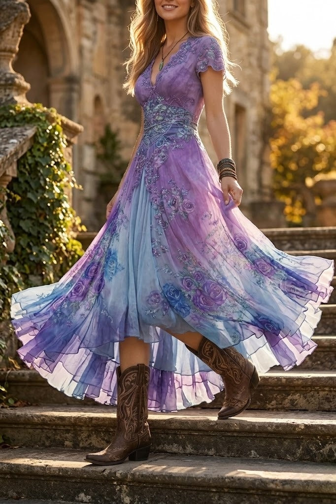 Gradient Floral Print Maxi Dress with Flowing Fit