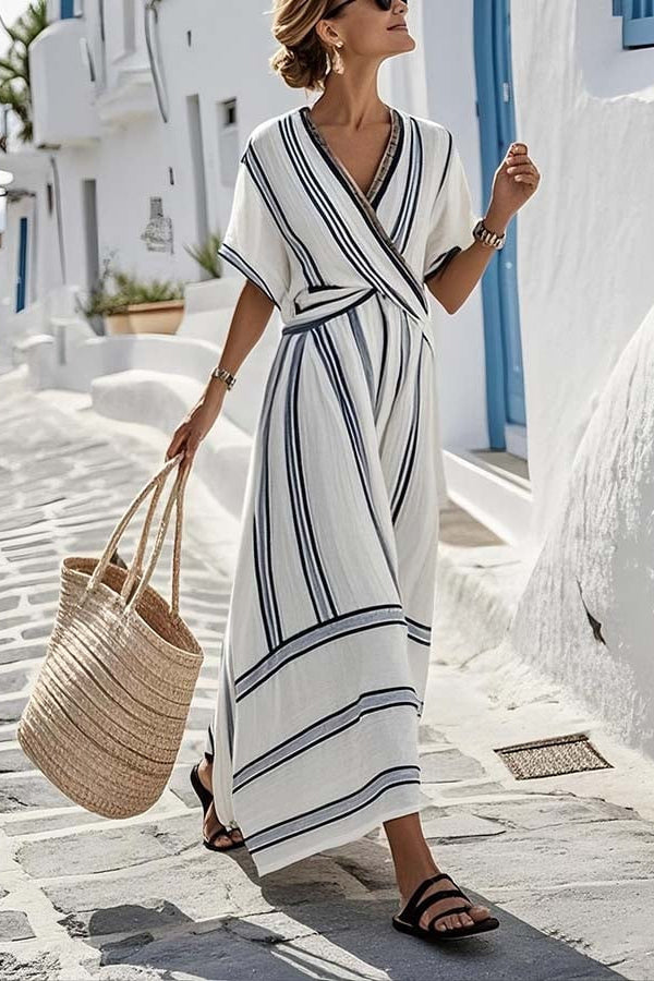 Relaxed Midi Tie Front V Neck Summer Dress