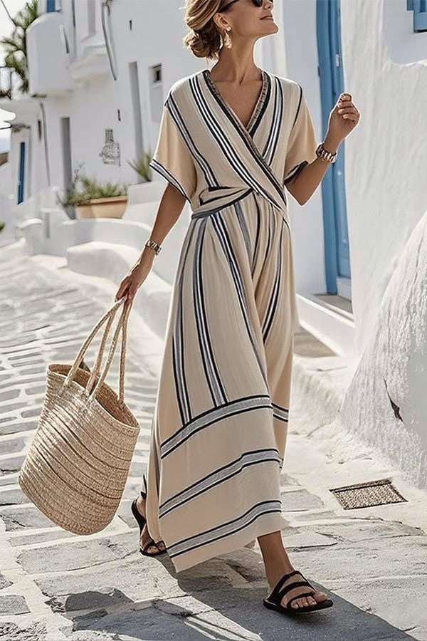 Relaxed Midi Tie Front V Neck Summer Dress