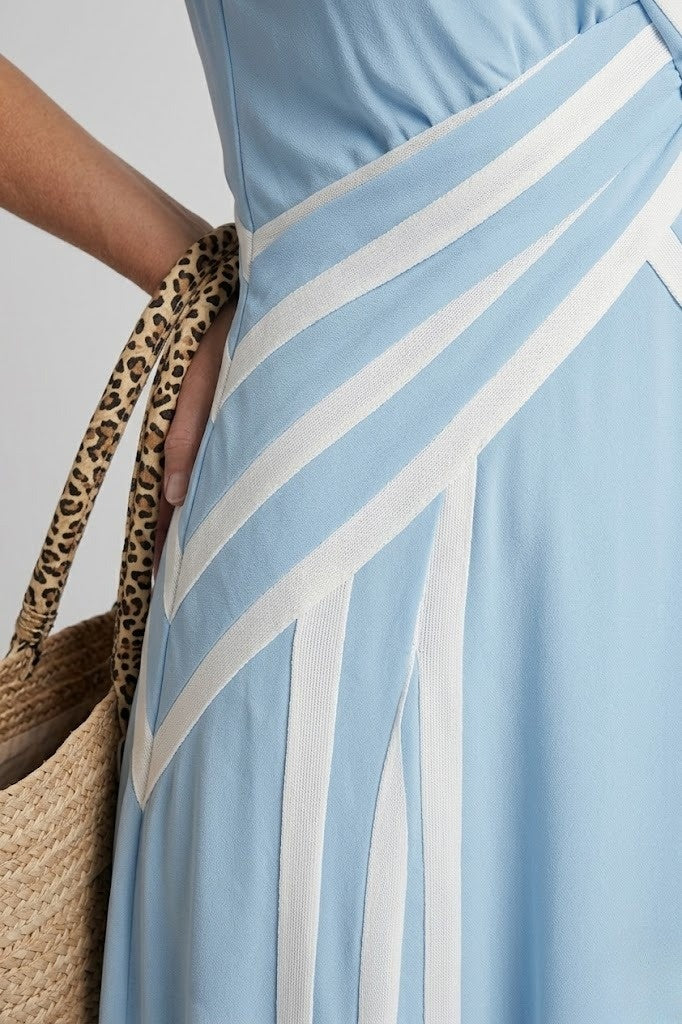 Sleeveless V Neck Maxi Dress Blue White Stripe Detail Summer