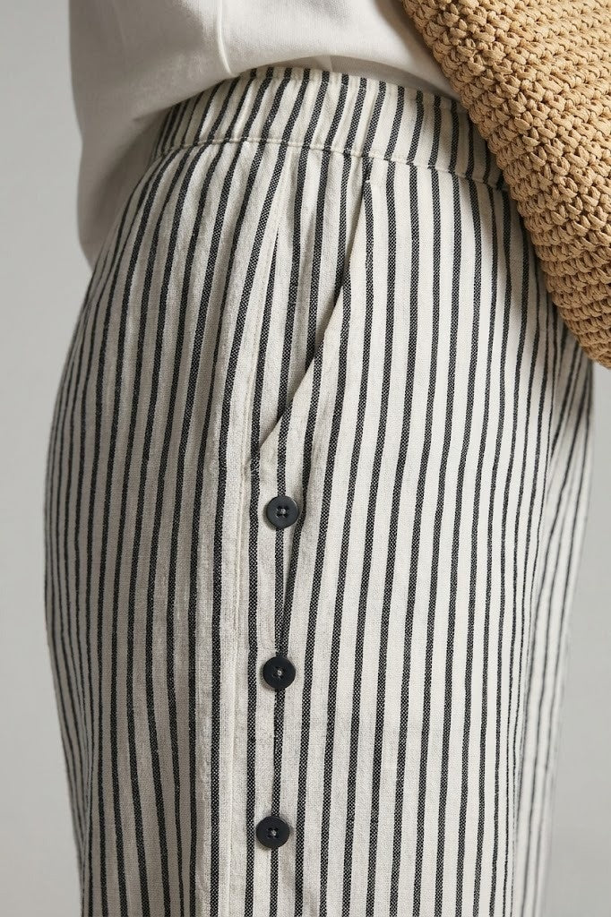 Womens Striped Wide Leg Trousers Button Detail Relaxed Fit