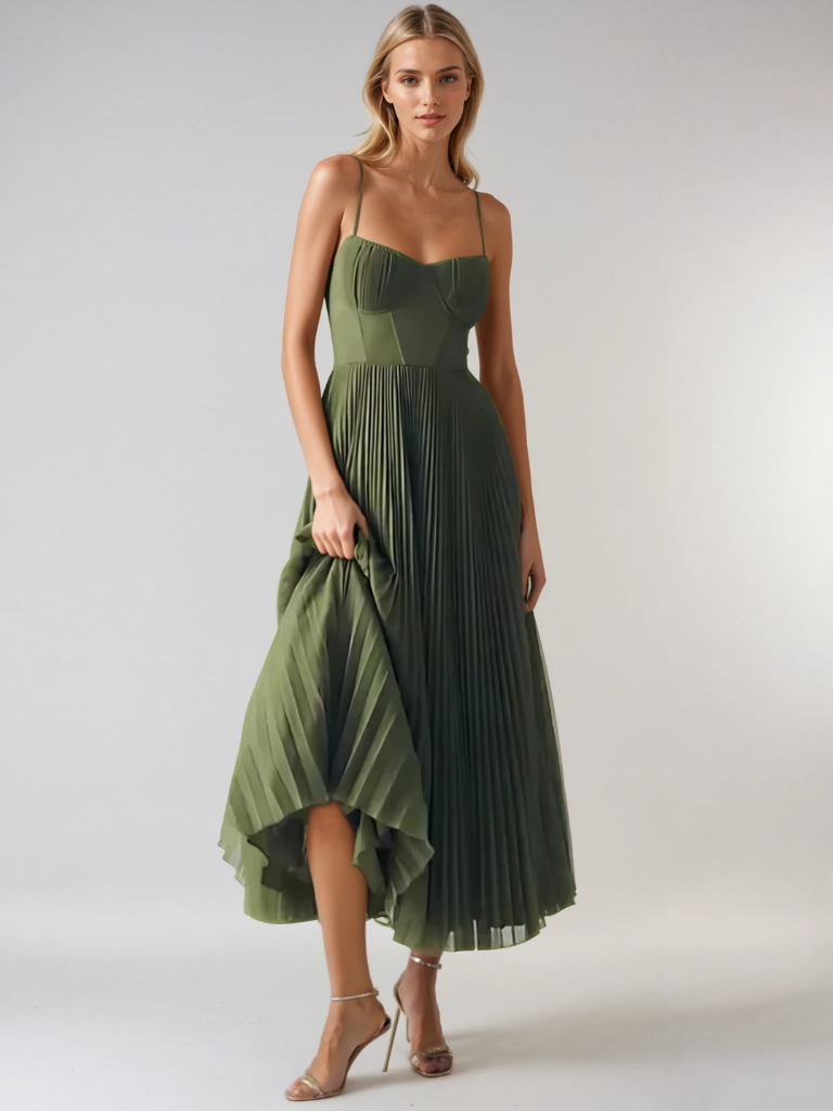 Sculpted Pleated Midi Dress with Defined Waist
