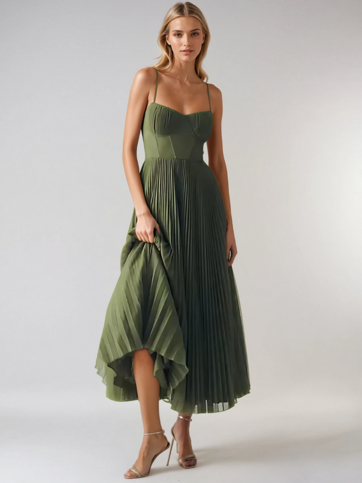 Sculpted Pleated Midi Dress with Defined Waist