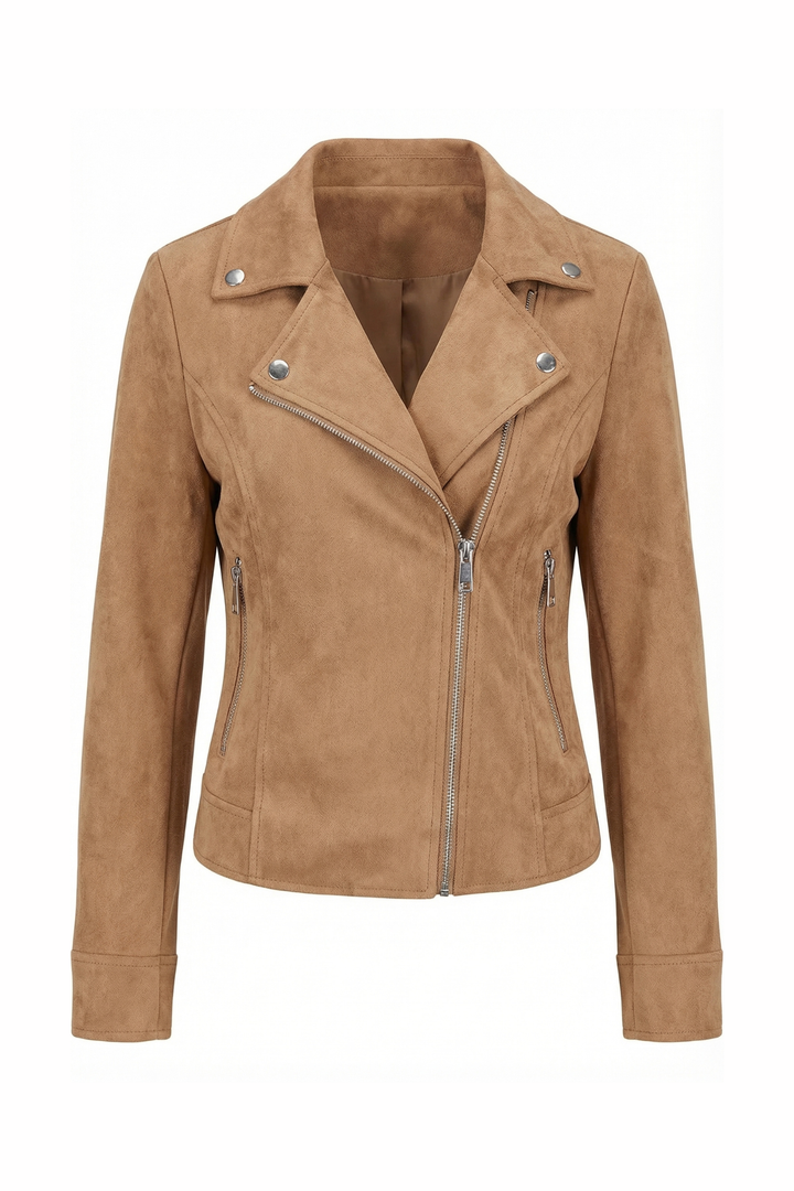 Womens Classic Cropped Biker Jacket Suede Finish
