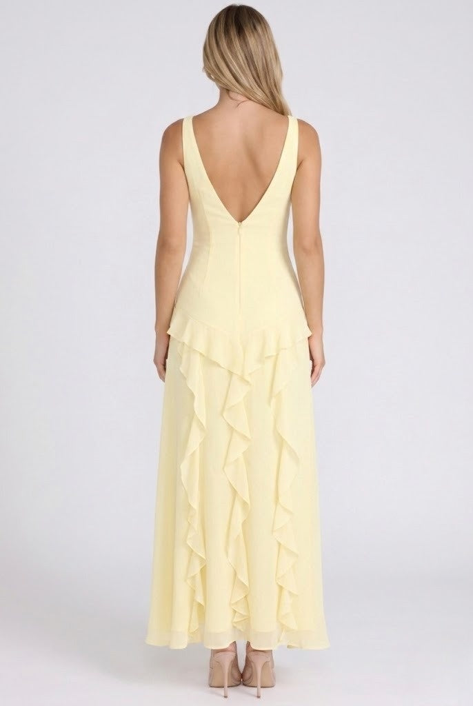 V Neck Ruffle Hem Midi Wedding Guest Dress with Side Split