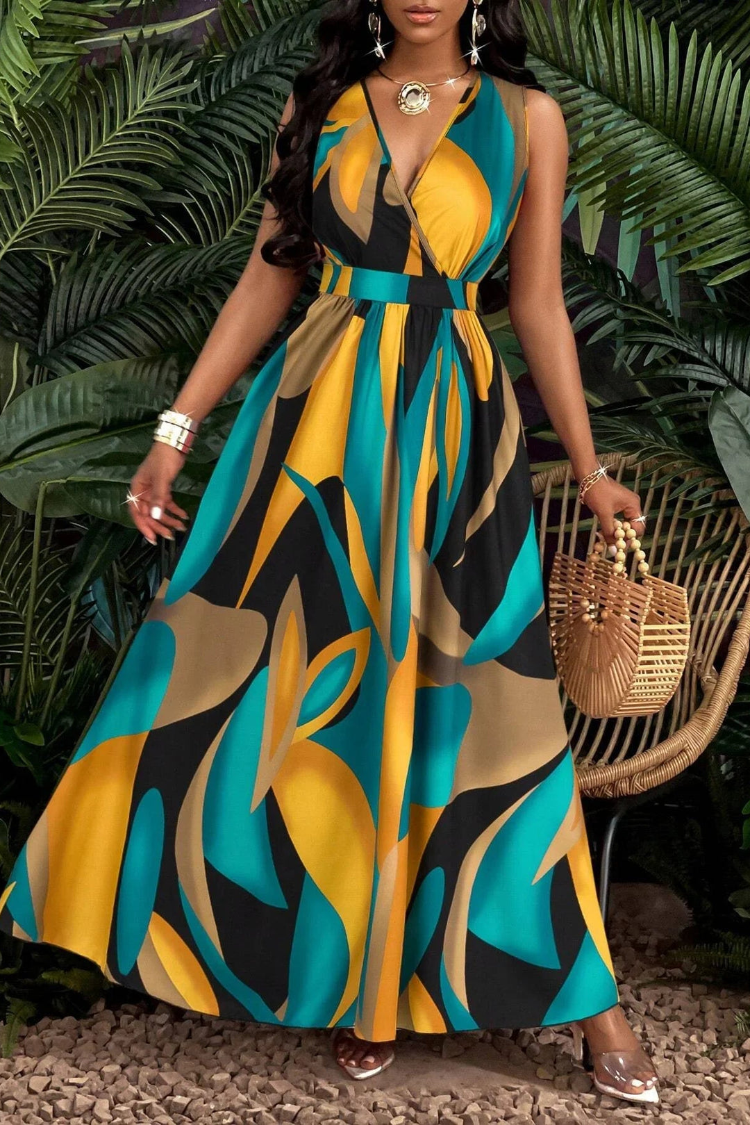 Tropical Print V Neck Maxi Dress Orange Knit Fit And Flare