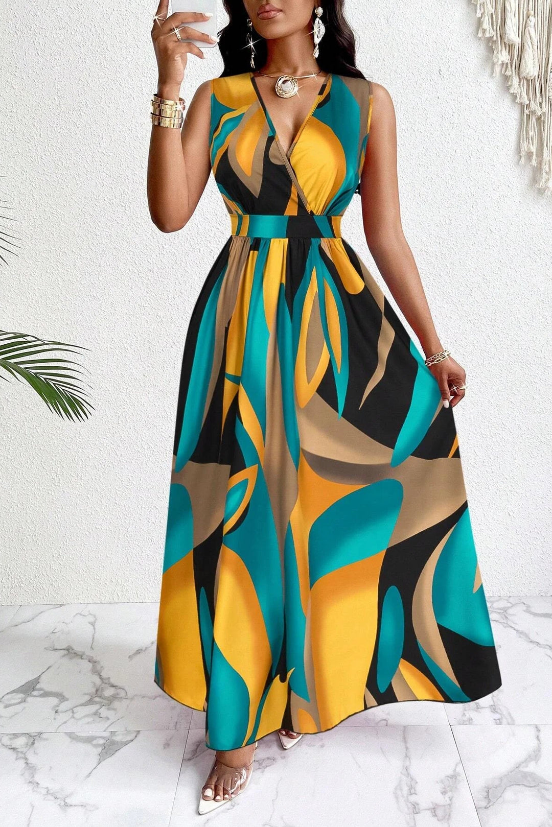 Tropical Print V Neck Maxi Dress Orange Knit Fit And Flare