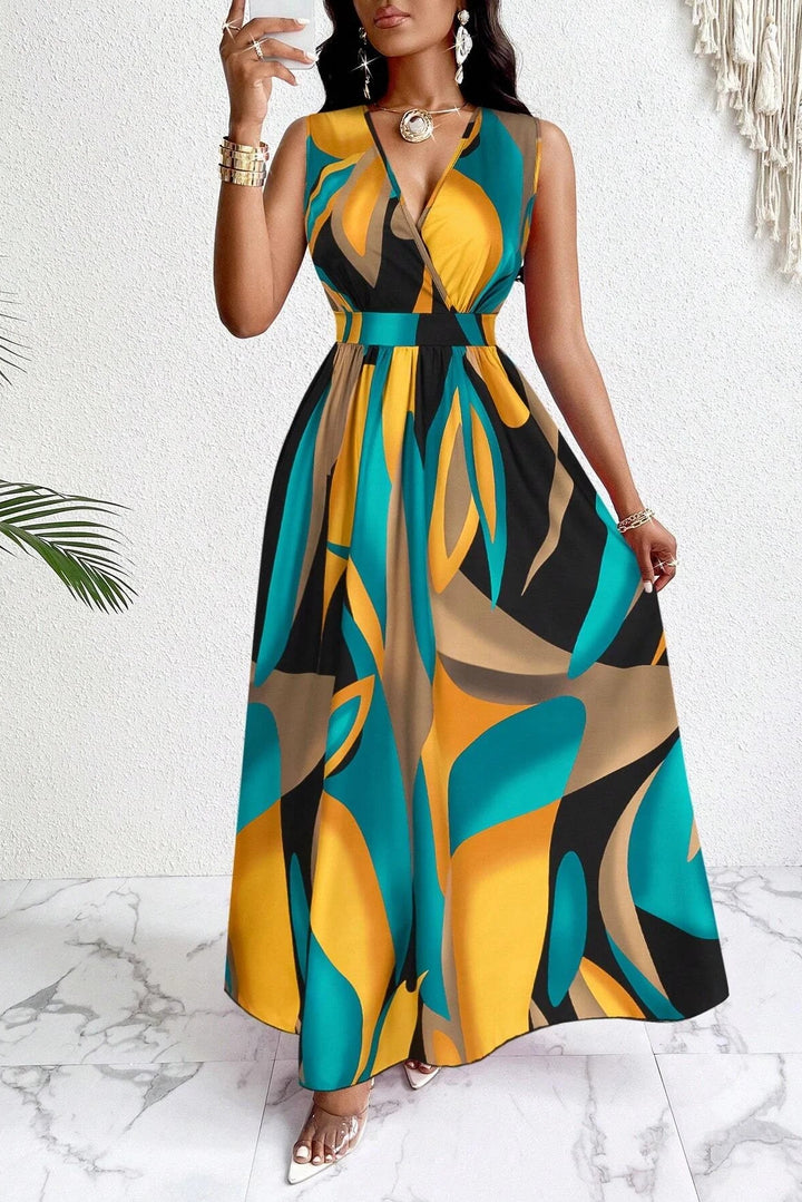 Tropical Print V Neck Maxi Dress Orange Knit Fit And Flare